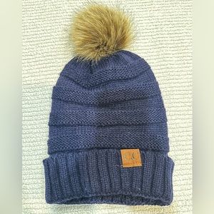 C.C Navy Unisex Chunky Soft Stretch Cable Knit Winter Hat with Faux Fur PomPom